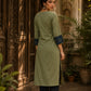 Sage Green Cotton Kurta with Ajrakh Yoke Panel & Matching Cuff Band