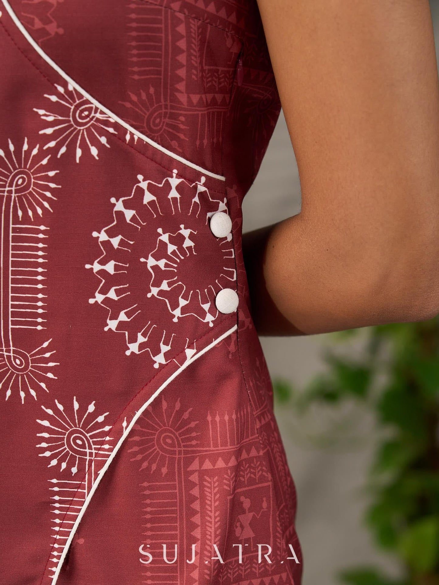 Terracotta warli printed overlap dress with off white accents