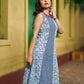 Indigo Alternating Kali Kurta with Floral & Zigzag Prints, Maroon Accents and Handcrafted Mirror Work
