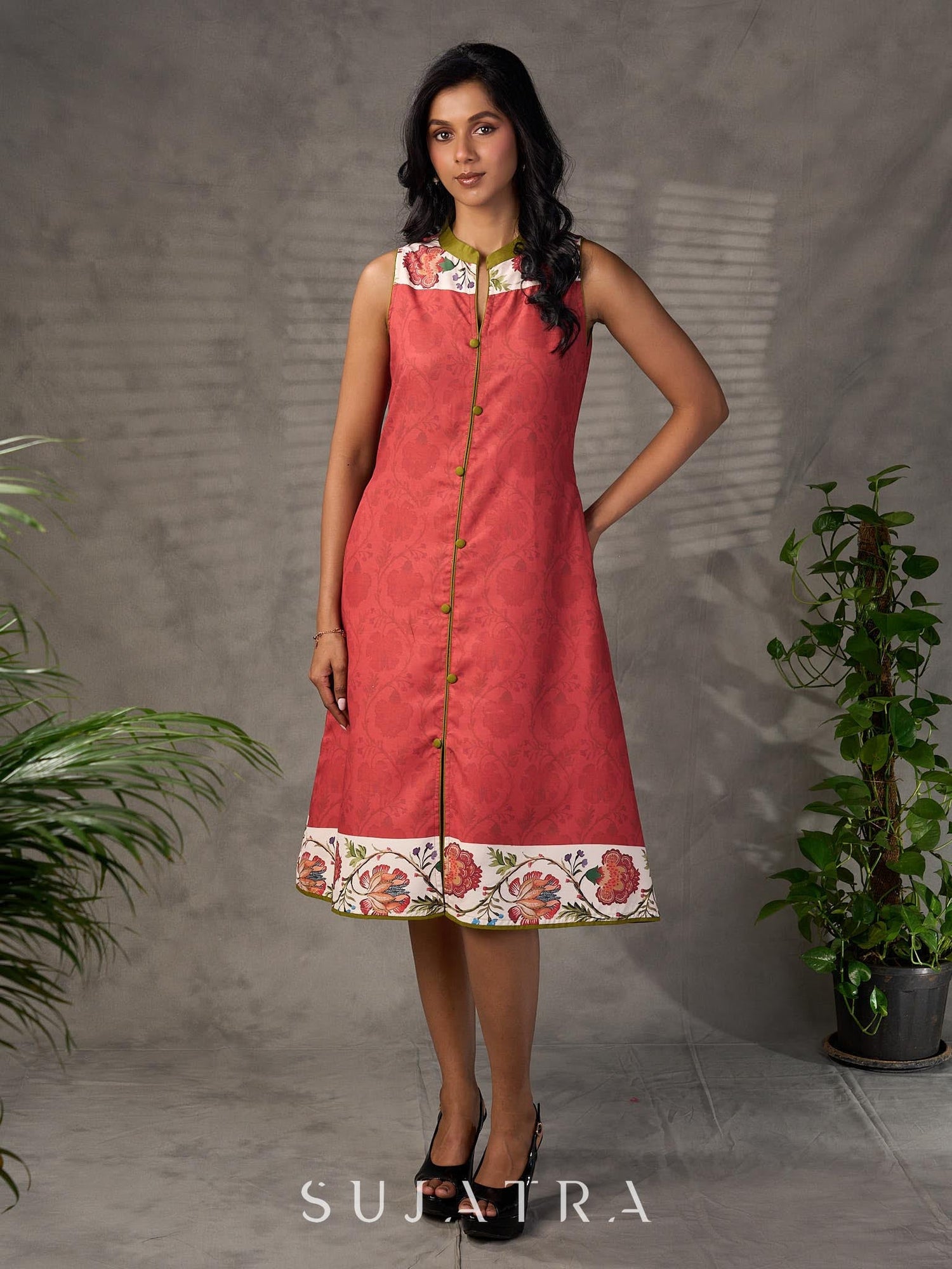 Rust floral vine printed shirt dress with olive accents