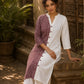 Vivid Dusty Pink & Ivory Half & Half Kurta with Tribal Print Panel & Contrast Button Placket
