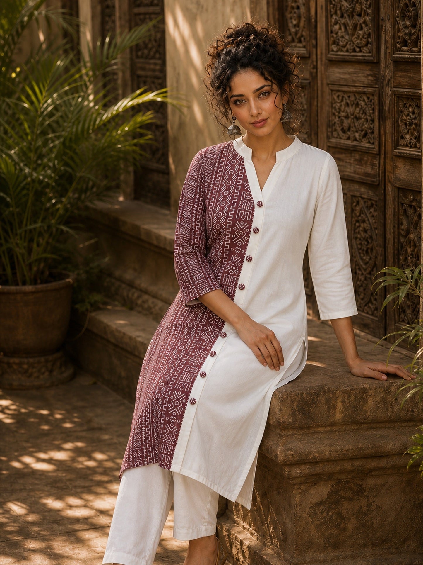 Vivid Dusty Pink & Ivory Half & Half Kurta with Tribal Print Panel & Contrast Button Placket