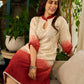Chic cream-to-maroon ombré Hakoba dress with distinctively folded sleeves and collar.
