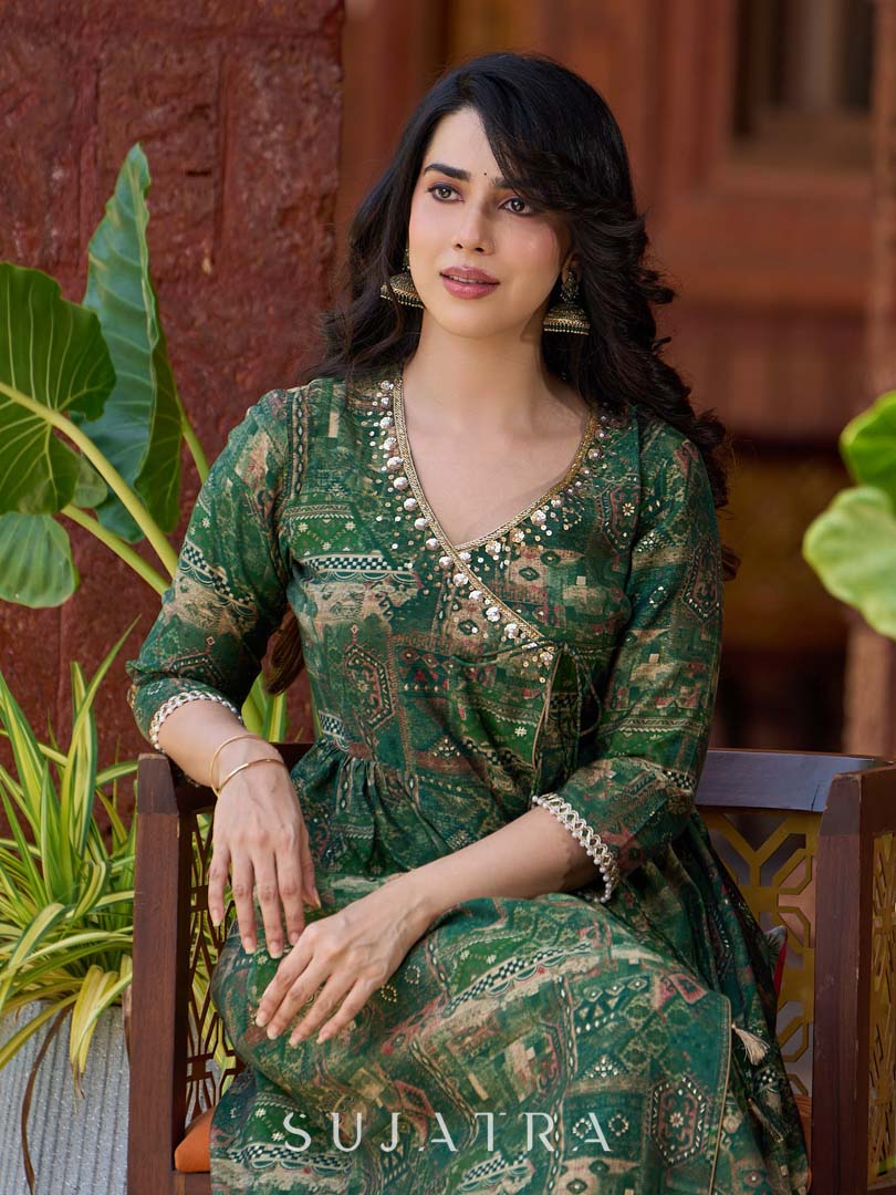 Rich bottle green printed Angrakha with a finely hand-embroidered neckline and soft beige accents.