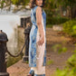 Indigo Abstract Printed Kurta with Side Cut Panels, Hakoba Inserts and Pearl Embellishments