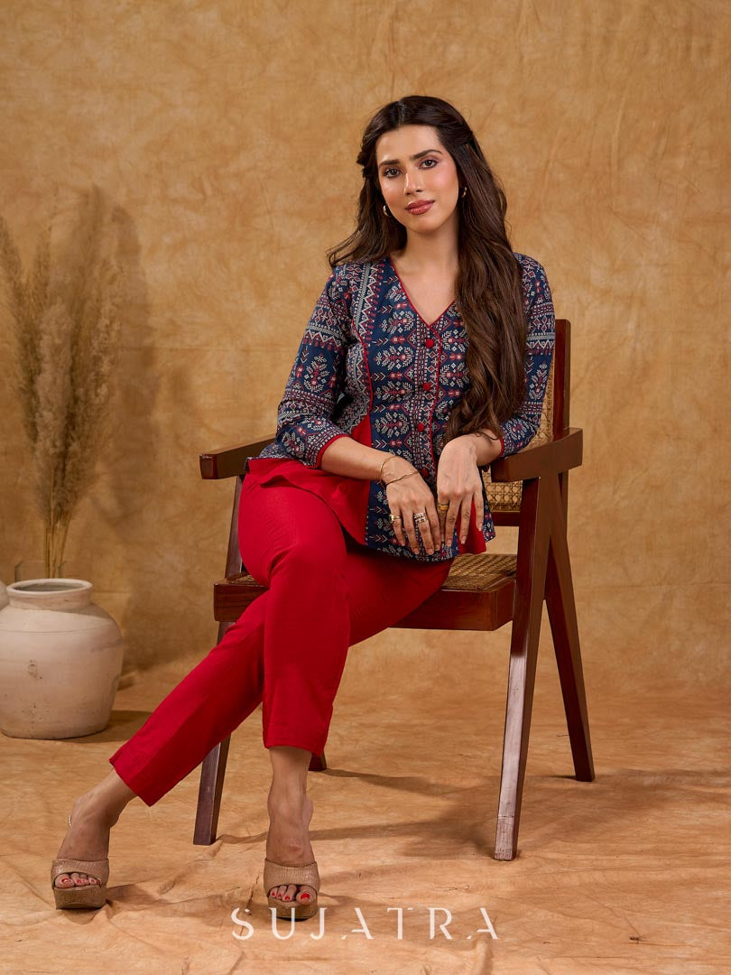 Classic navy blue printed jacket with flared panels and bold red accents, offering a structured yet dynamic silhouette with refined detailing, ideal for polished, elevated corporate styling.