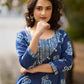Indigo Bloom Print Kurta with Asymmetric Stripe Panel and Coin Embellishments