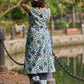 Artisan Indigo Floral Kurta with Black Mirror Work and Pleated Yoke Silhouette
