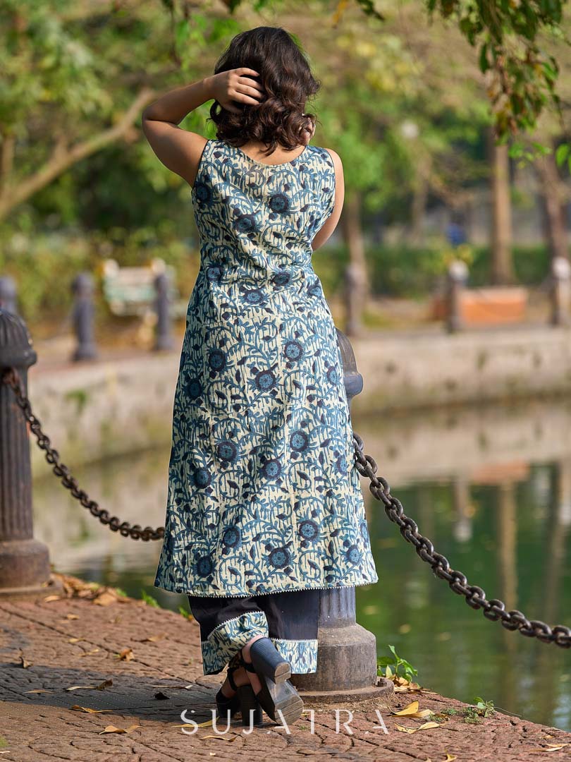 Artisan Indigo Floral Kurta with Black Mirror Work and Pleated Yoke Silhouette