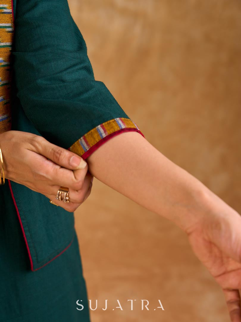 Sophisticated bottle green and mustard Ikat jacket featuring an overlapping neckline closure, front-open design, and rich maroon accents, offering a composed, tailored silhouette for corporate wear.