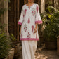 Ivory Straight Cotton Short Kurta with Pink Botanical Block Print & Contrast Scalloped Hem & Sleeve Cuffs