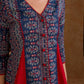 Classic navy blue printed jacket with flared panels and bold red accents, offering a structured yet dynamic silhouette with refined detailing, ideal for polished, elevated corporate styling.