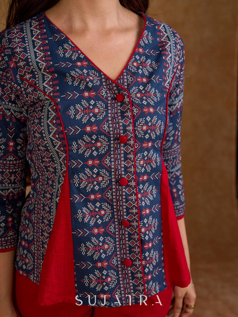 Classic navy blue printed jacket with flared panels and bold red accents, offering a structured yet dynamic silhouette with refined detailing, ideal for polished, elevated corporate styling.