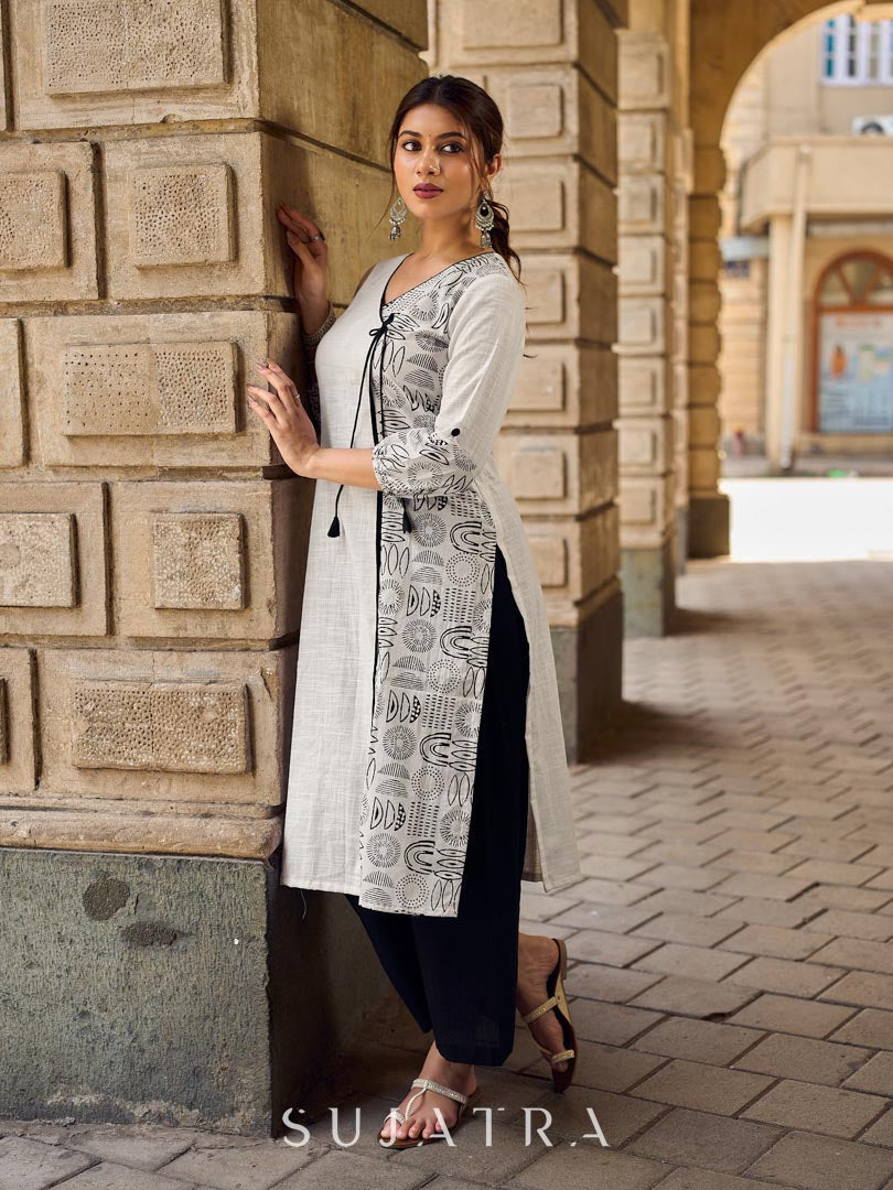 Minimal White Straight Kurta with Monochrome Printed Angrakha Panel & Printed Cuffs