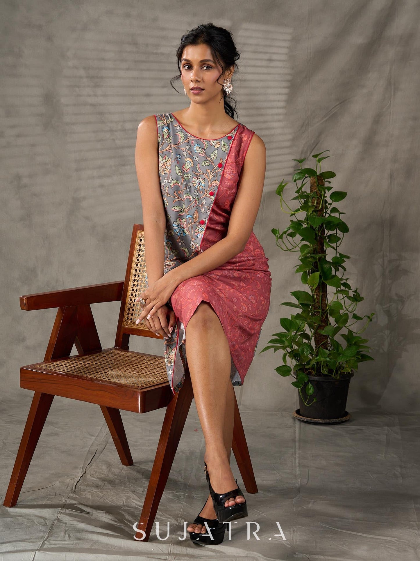 Grey and Rust Kalamkari inspired floral vine printed overlap dress with red accents