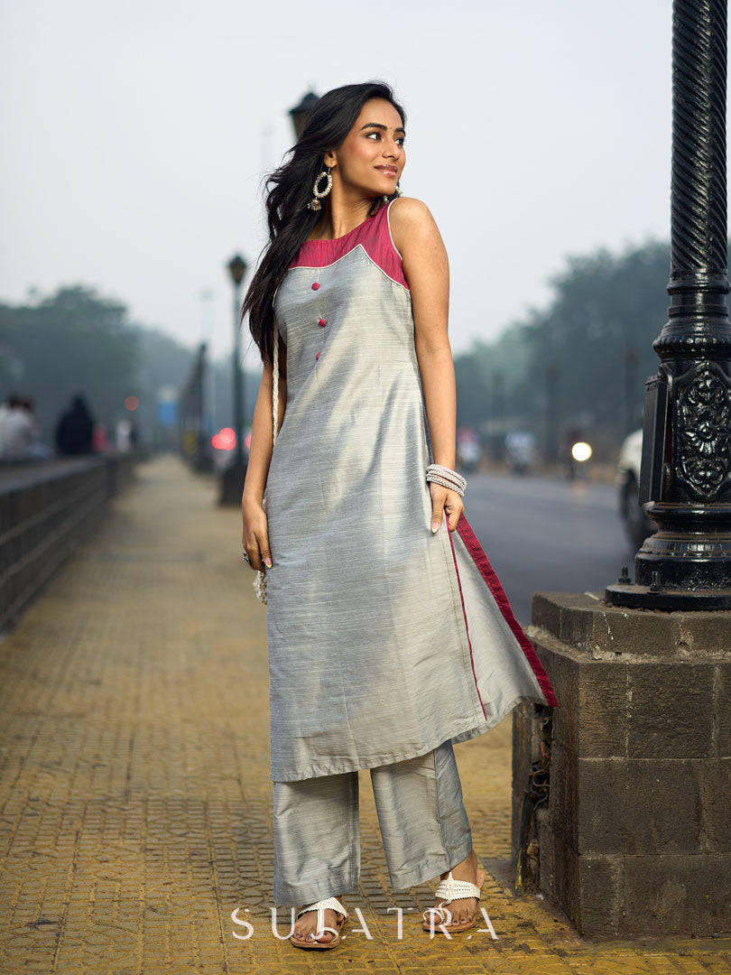 Grey Cotton Silk Sleeveless Kurta with Rose Pink Yoke and Button Detail