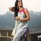 Grey Cotton Silk Sleeveless Kurta with Rose Pink Yoke and Button Detail