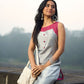 Grey Cotton Silk Sleeveless Kurta with Rose Pink Yoke and Button Detail