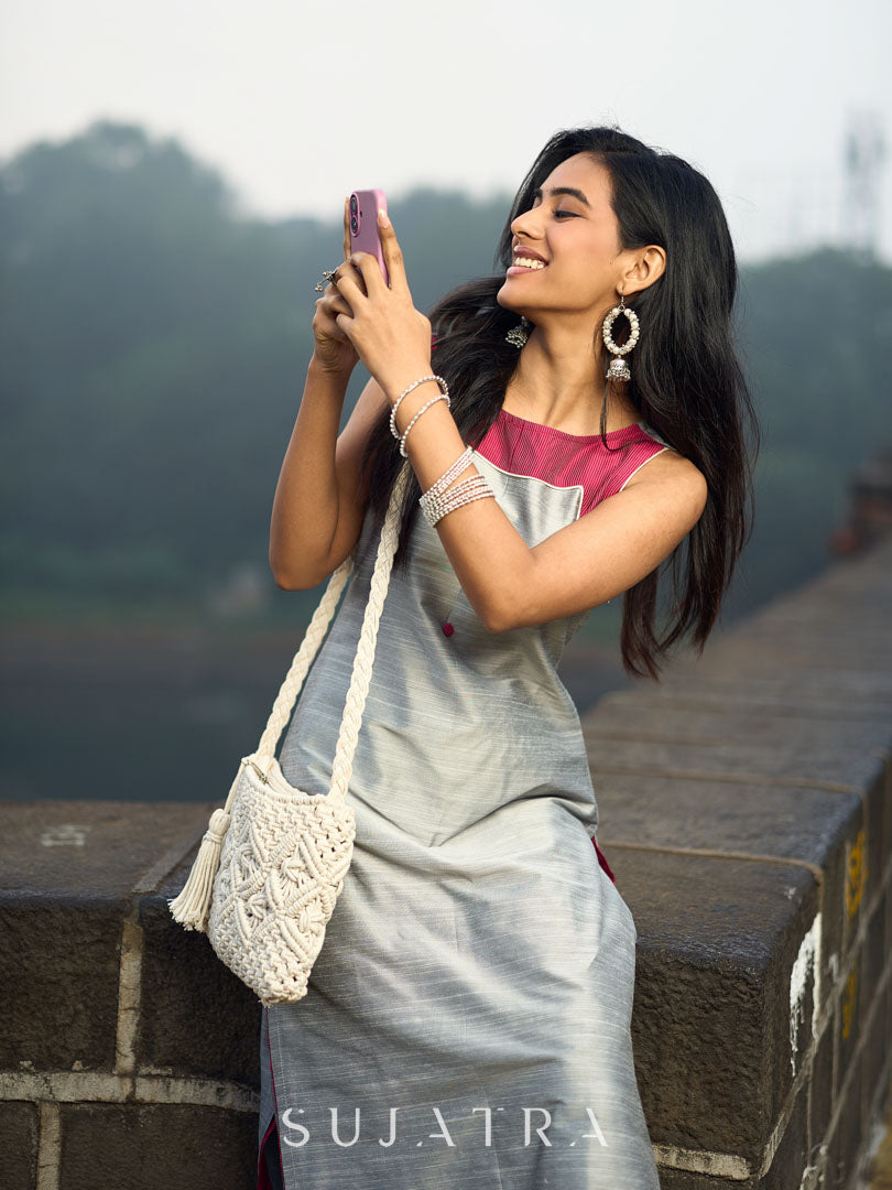 Grey Cotton Silk Sleeveless Kurta with Rose Pink Yoke and Button Detail