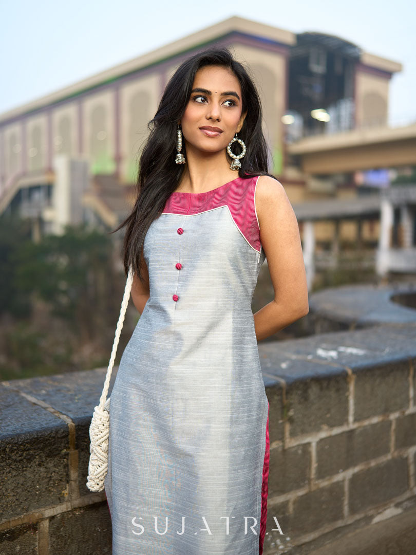 Grey Cotton Silk Sleeveless Kurta with Rose Pink Yoke and Button Detail
