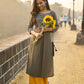 Stylish Grey Cotton Pleated Kurta with Artful Printed Yoke, Cuff Design & Contrast Mustard Piping