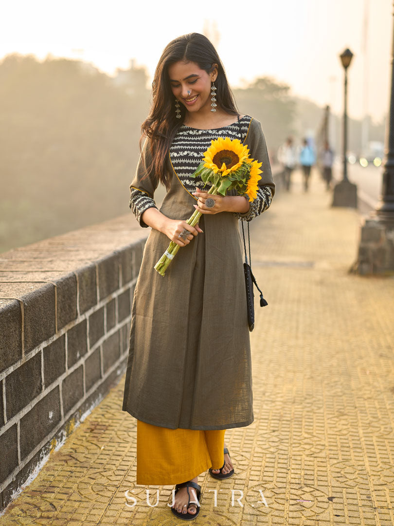 Stylish Grey Cotton Pleated Kurta with Artful Printed Yoke, Cuff Design & Contrast Mustard Piping