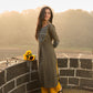 Stylish Grey Cotton Pleated Kurta with Artful Printed Yoke, Cuff Design & Contrast Mustard Piping