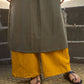Stylish Grey Cotton Pleated Kurta with Artful Printed Yoke, Cuff Design & Contrast Mustard Piping
