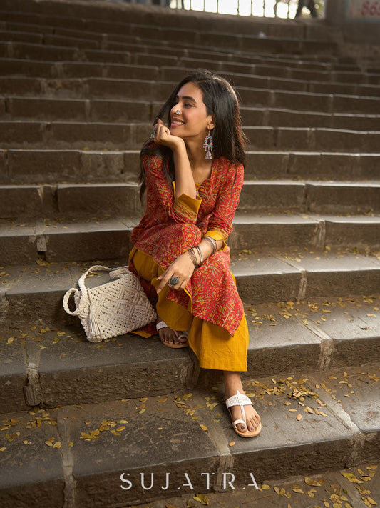 Red Cotton Printed Kurta with Highlighted Neckline and Border Cuff Details