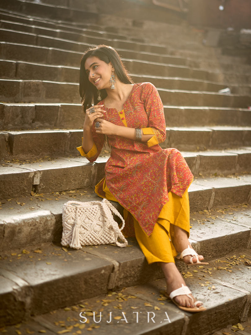 Red Cotton Printed Kurta with Highlighted Neckline and Border Cuff Details