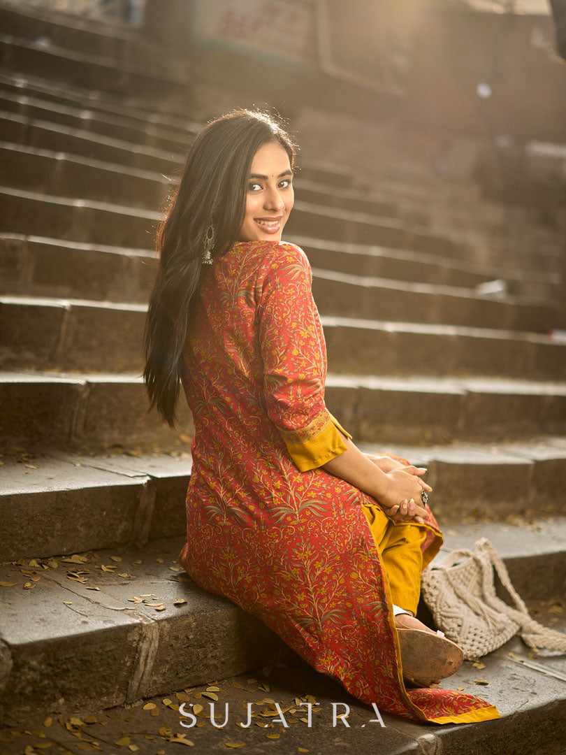 Red Cotton Printed Kurta with Highlighted Neckline and Border Cuff Details