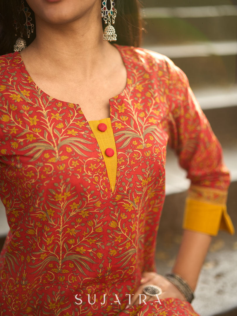 Red Cotton Printed Kurta with Highlighted Neckline and Border Cuff Details