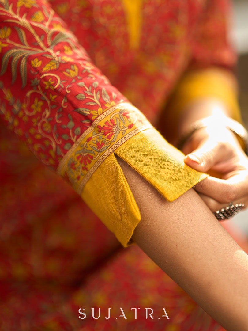 Red Cotton Printed Kurta with Highlighted Neckline and Border Cuff Details