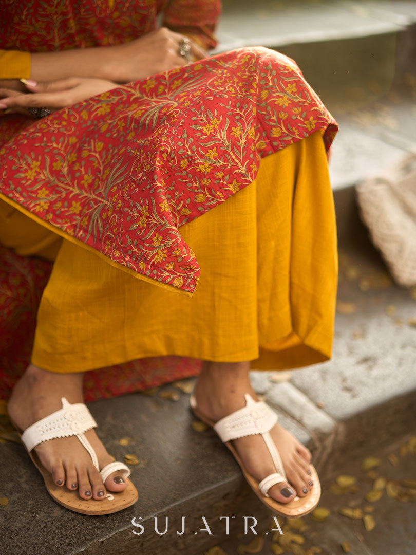 Red Cotton Printed Kurta with Highlighted Neckline and Border Cuff Details