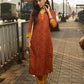 Red Cotton Printed Kurta with Highlighted Neckline and Border Cuff Details