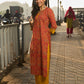 Red Cotton Printed Kurta with Highlighted Neckline and Border Cuff Details