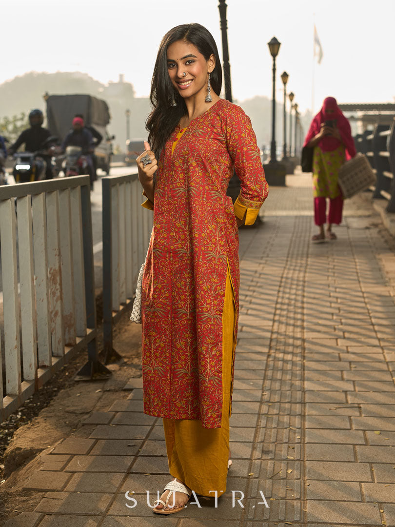 Red Cotton Printed Kurta with Highlighted Neckline and Border Cuff Details