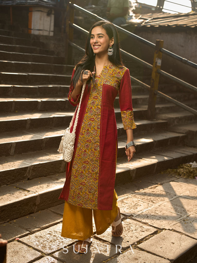 Maroon Cotton Kurta with Statement Mustard Kalamkari Print Front Panel and Tailored Silhouette