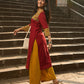 Maroon Cotton Kurta with Statement Mustard Kalamkari Print Front Panel and Tailored Silhouette