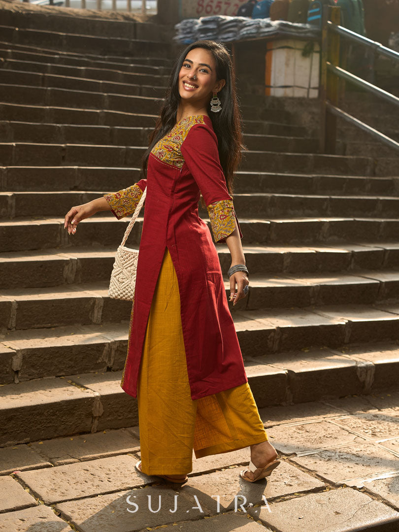 Maroon Cotton Kurta with Statement Mustard Kalamkari Print Front Panel and Tailored Silhouette
