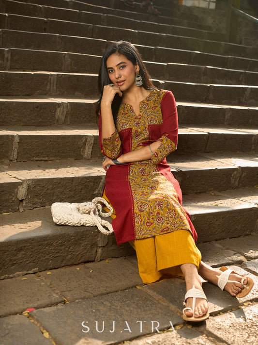 Maroon Cotton Kurta with Statement Mustard Kalamkari Print Front Panel and Tailored Silhouette