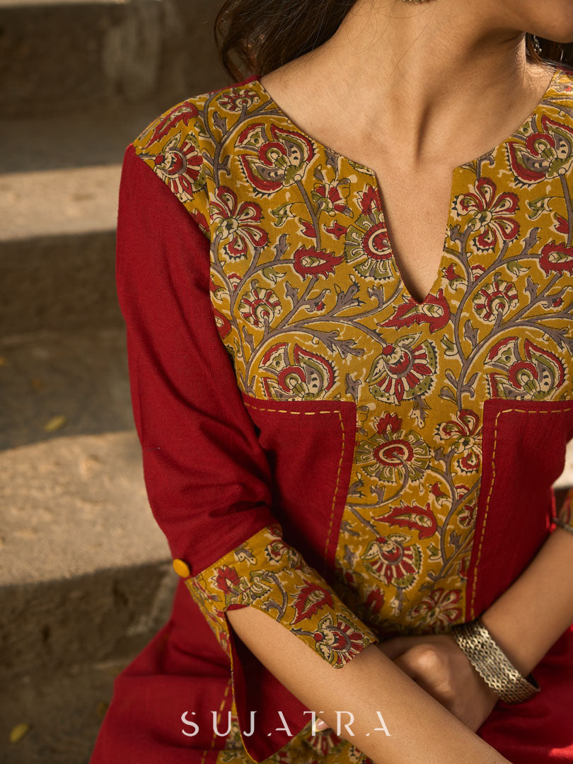 Maroon Cotton Kurta with Statement Mustard Kalamkari Print Front Panel and Tailored Silhouette