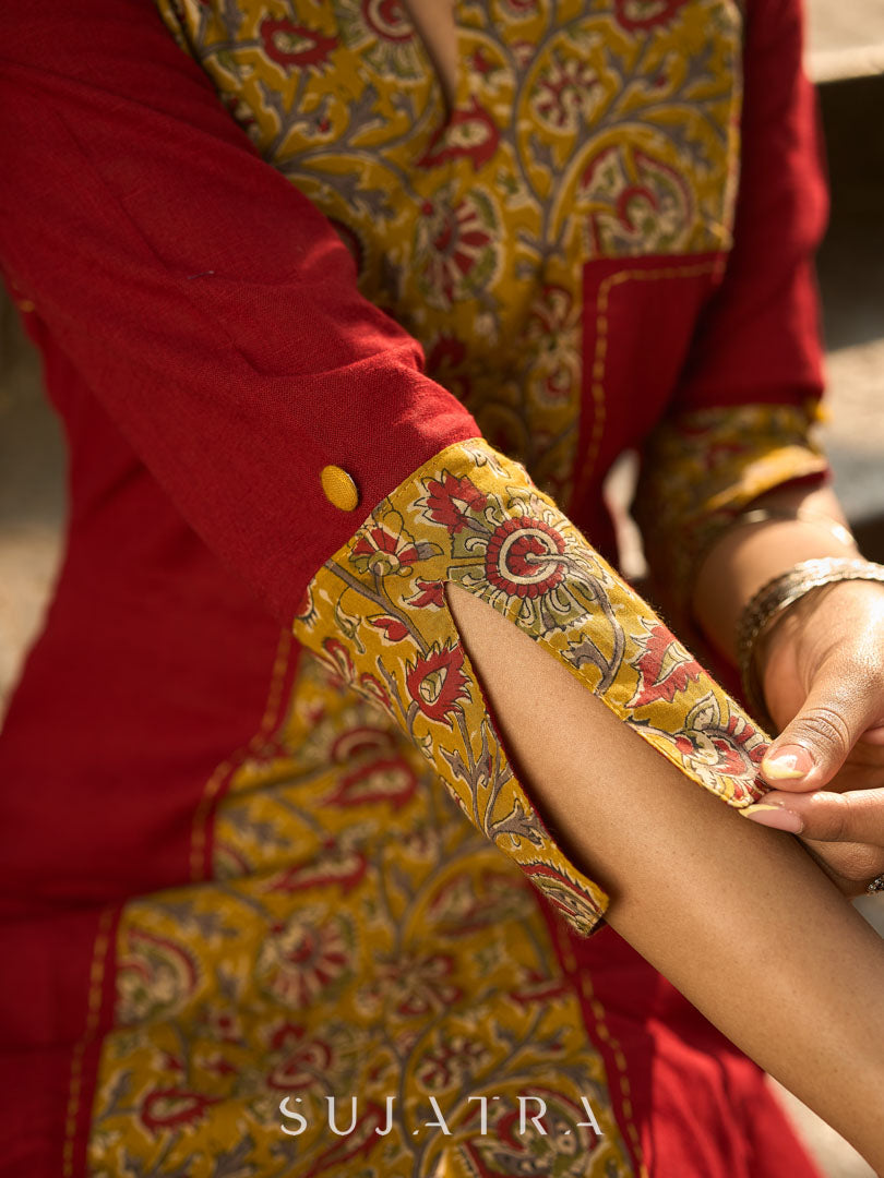 Maroon Cotton Kurta with Statement Mustard Kalamkari Print Front Panel and Tailored Silhouette