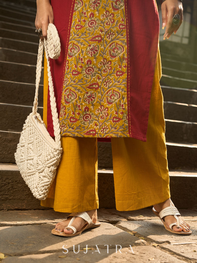 Maroon Cotton Kurta with Statement Mustard Kalamkari Print Front Panel and Tailored Silhouette