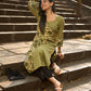 Sage Green Cotton Kurta with Floral Printed Overlapping Panel & Flared Sleeves
