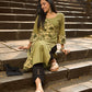 Sage Green Cotton Kurta with Floral Printed Overlapping Panel & Flared Sleeves