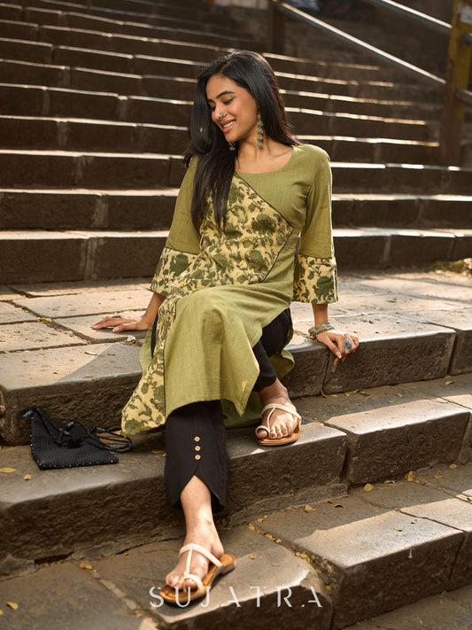 Sage Green Cotton Kurta with Floral Printed Overlapping Panel & Flared Sleeves