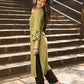 Sage Green Cotton Kurta with Floral Printed Overlapping Panel & Flared Sleeves