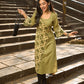 Sage Green Cotton Kurta with Floral Printed Overlapping Panel & Flared Sleeves