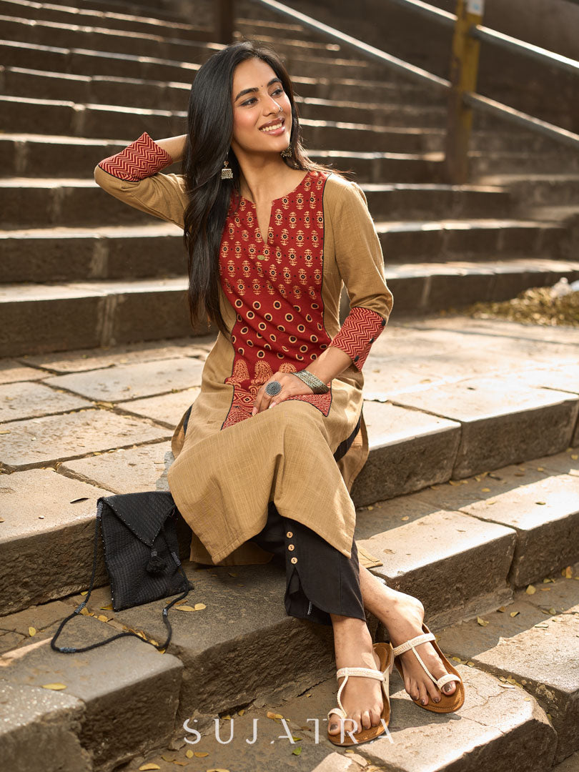 Beige Cotton Kurta with Traditional Printed Ajrakh Panel